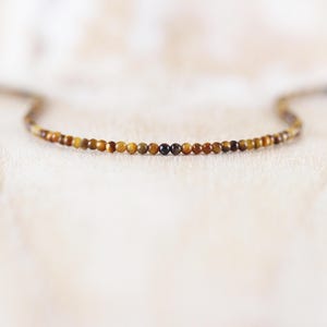 Delicate Tigers Eye Beaded Necklace in Sterling Silver, Gold or Rose Gold Filled, Dainty Gemstone Choker, Long Layering Necklace for Women