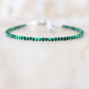 Dainty Malachite Bracelet, Sterling Silver, Yellow or Rose Gold Filled, 2 - 2.2mm beads