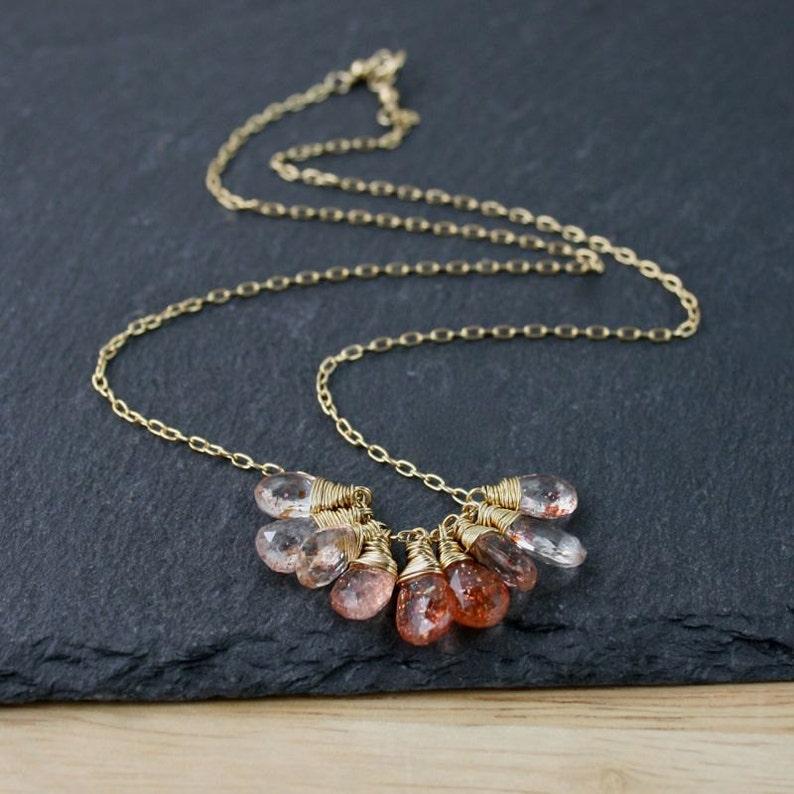 Oregon Sunstone /& 18Kt Gold Filled Cluster Necklace Sparkly Copper Orange AAA Gemstone Pendant Dainty Delicate Layering Jewelry for Women