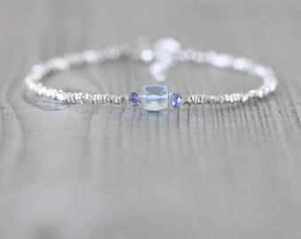 Sky Blue Topaz, Tanzanite, Sterling & Fine Silver Bracelet, Dainty Gemstone Stacking Bracelet with Tiny Karen Hill Tribe Heishi Square Beads