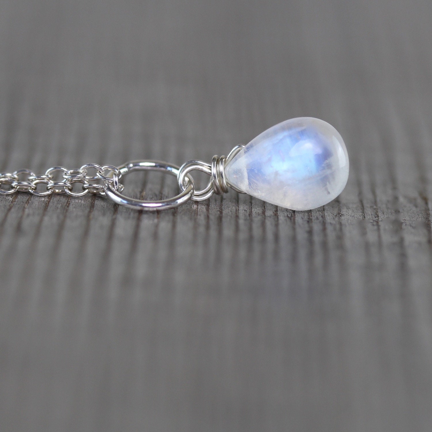 Moonstone Pendant Dainty Moonstone Necklace Silver Wire Wrap Crystal Necklace. Rainbow Moonstone Jewelry Blue Flash Moonstone