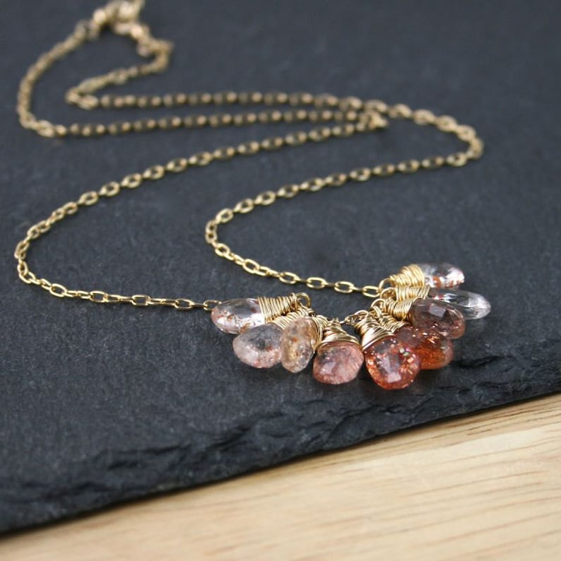 Oregon Sunstone /& 18Kt Gold Filled Cluster Necklace Sparkly Copper Orange AAA Gemstone Pendant Dainty Delicate Layering Jewelry for Women