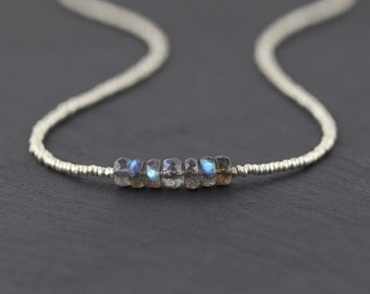 Labradorite, Seed Bead & Sterling Silver Necklace, Dainty Tiny Beaded Choker, AAAA Blue Flash Gemstone Delicate Layering Jewelry for Women