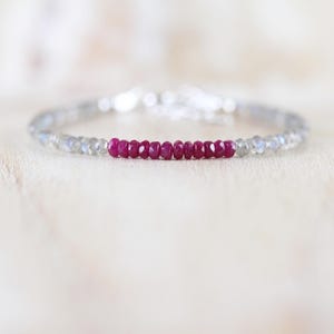 Ruby & Labradorite Dainty Bracelet in Sterling Silver, Gold or Rose Gold Filled, Flashy Blue Gemstone Stacking Bracelet, 3.5mm Faceted Beads
