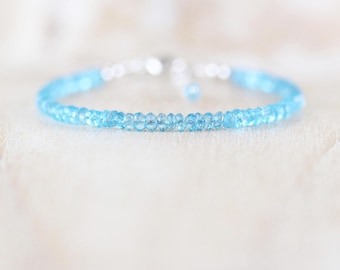 Sky Blue Topaz Dainty Bracelet in Sterling Silver, Gold or Rose Gold Filled, Delicate Gemstone Stacking Bracelet with 3.5mm Faceted Beads