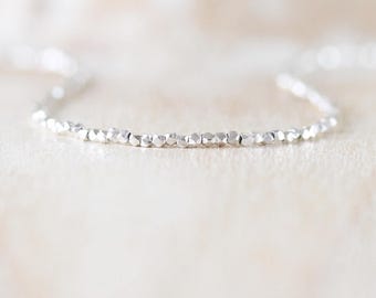 Sterling & Fine Silver Necklace, Karen Hill Tribe Silver Choker, Long Delicate Layering Necklace for Women, Tiny Beaded Minimalist Jewelry