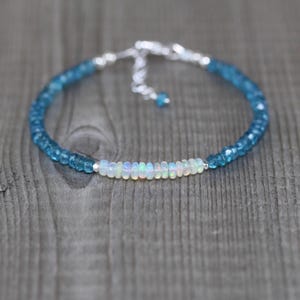 Ethiopian Welo Opal & London Blue Topaz Bracelet, Sterling Silver, Gold or Rose Gold Filled, Dainty Gemstone Stack Bracelet, 3.5 - 4mm Beads
