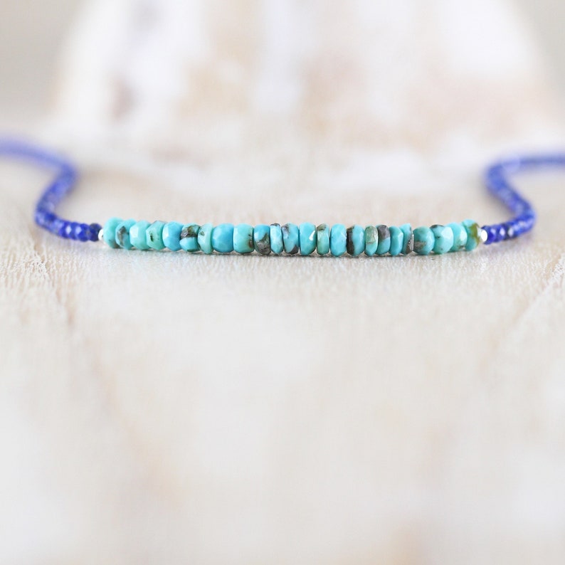 Dainty Blue Gemstone Beaded Choker for Women Rose Gold Filled Arizona Sleeping Beauty Turquoise /& Lapis Lazuli Necklace Sterling Silver
