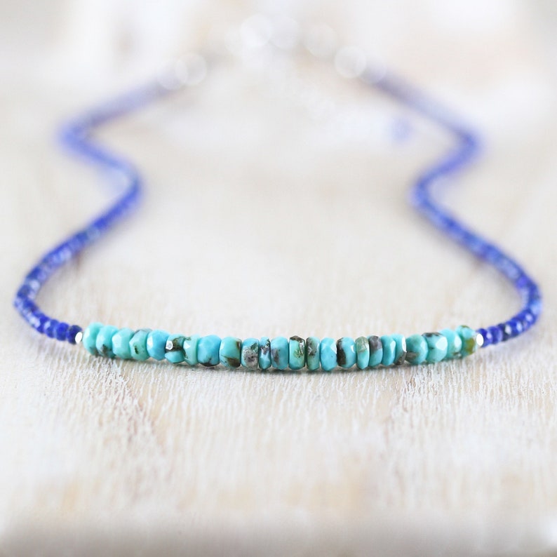 Dainty Blue Gemstone Beaded Choker for Women Rose Gold Filled Arizona Sleeping Beauty Turquoise /& Lapis Lazuli Necklace Sterling Silver
