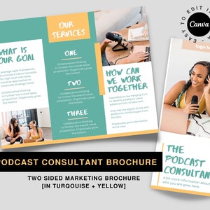 Bright Trifold Marketing brochure for Modern Podcast Consultant - in turquoise + yellow - editable two sided Canva template, US Letter