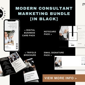 Das Konsultierungspaket für modernes Marketing - eine professionelle bearbeitbare Canva-Vorlage - enthält: E-Mail-Signatur, Visitenkarte, Broschüre