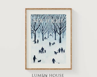 Póster minimalista de paseo invernal con perros / Impresiones mate de archivo / Portada de la revista New Yorker