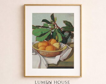 Lámina vintage de naturaleza muerta con cítricos, cuadro de pared con forma de cuenco de limón, pintura botánica de frutas, obra de arte para cocina con ambiente melancólico, decoración de inspiración campestre francesa.