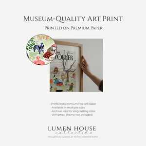 May include: A framed art print of a vintage "The New Yorker" magazine cover. The print features a colorful illustration of dogs in a park setting. The text "MUSEUM-QUALITY ART PRINT" and "PRINTED ON PREMIUM PAPER" are displayed at the top.