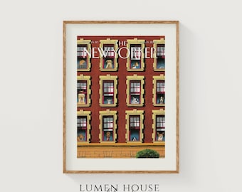 Lámina editorial para apartamento con diseño de perro, arte mural de perro estilo revista vintage, decoración de piedra rojiza de Nueva York, ilustración caprichosa de perro urbano.