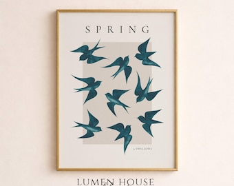 Lámina moderna de golondrina, arte minimalista de aves para pared, póster de naturaleza escandinava, decoración de pared de galería en tonos azul y verde.