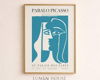 Póster abstracto inspirado en Picasso, arte mural de figuras azules, lámina de dibujo lineal moderno, decoración mural minimalista europea.