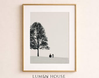 Lámina minimalista de paisaje con árboles, arte de pared para parejas románticas, obra de arte de naturaleza con un toque melancólico, decoración de inspiración escandinava.
