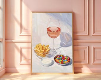 Rosé Wine Art Print, Still Life, Girl Dinner, Modern Kitchen Decor (Digital Download)