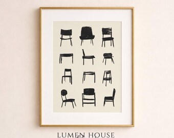 Póster de bellas artes con estudios de sillas minimalistas dibujados a mano / Boceto negro sobre fondo crema