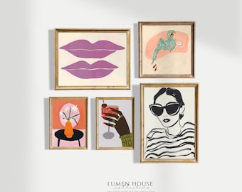 Conjunto de 6 láminas decorativas para pared con estilo femenino, galería de arte para pared, ilustración de moda elegante, decoración femenina moderna, conjunto de arte de labios de cóctel rosas.