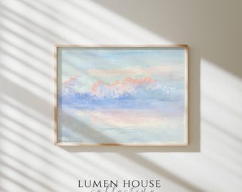 Lámina de paisaje costero en tonos pastel / Arte mural de cielo oceánico suave / Póster de paisaje marino en acuarela / Decoración de playa serena / Arte en azul claro y rosa