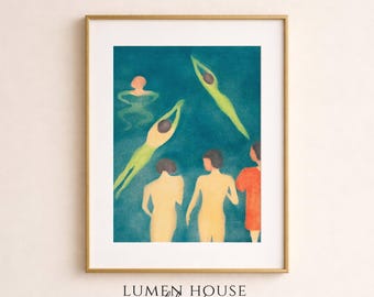 Lámina vintage de nadador, arte mural retro para piscina, pintura de figura veraniega de ensueño, decoración costera moderna