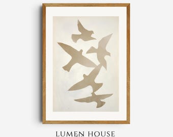 Póster de arte abstracto minimalista con pájaros en vuelo / Arte mural costero neutro