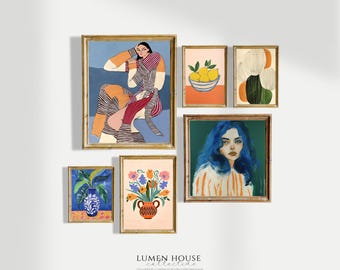 Conjunto de 7 láminas para pared de Modern Muse Gallery, colección de arte femenino y colorido, decoración de pared con retratos eclécticos, láminas estilo Anthropologie.