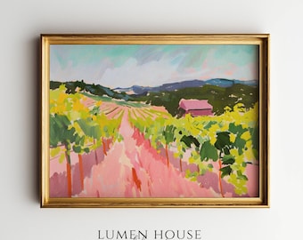 Lámina de paisaje de viñedo / Arte mural campestre colorido / Pintura de campo rosa y verde / Arte pictórico moderno / Decoración de verano europea
