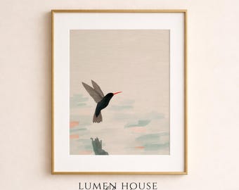 Póster de arte minimalista con estampado de colibrí y silueta con pinceladas en tonos pastel.