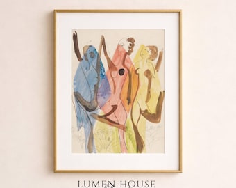 Estampado figurativo abstracto, arte mural moderno y colorido con figuras, obra de arte femenina expresiva, decoración de galería contemporánea.