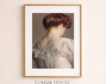 Retrato vintage, lámina decorativa romántica victoriana para pared, retrato femenino antiguo, lámina artística de tonos neutros y melancólicos, decoración de inspiración francesa.