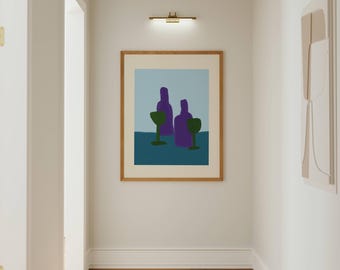 Póster abstracto de botellas de vino violetas y turquesas / Lámina de arte minimalista de naturaleza muerta