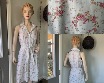 1970's Vintage Dress ~  Off White With Tiny Pink Flowers, Cotton Summer Dress With Matching  Belt ~ Great Quality And Condition