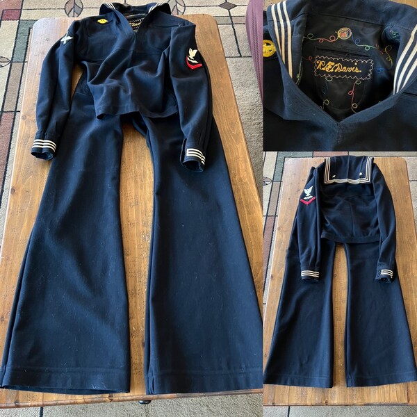 1940's Vintage Sailor Suit ~ Dark Navy Blue Wool Two Piece Cracker Jack Sailor Suit ~  Bell Bottoms, Size Extra Small, USA ~ Great Condition
