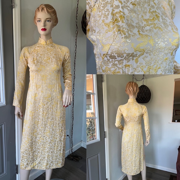 1960's Vintage Dragon Kimono ~ Silk, Gold, Yellow And White Dragon And Flower Brocade ~  Great Quality And Condition ~ Size Small