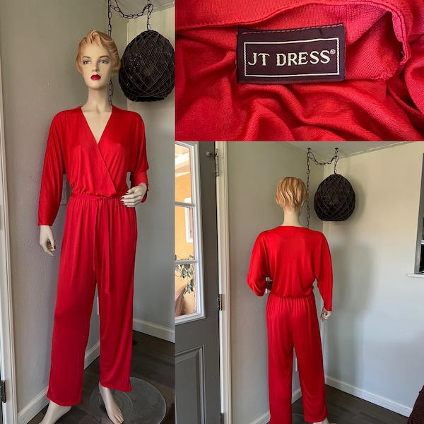 1980’s Vintage Red Jumpsuit, With Bat Wing Sleeves And  Matching Red Belt ~ Size Medium ~ Great Quality And Condition