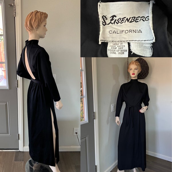 Vintage 1970's Black Dress ~ California Backless, Lined, High Neck, Belt, Bat Wing Sleeves, With Open Sides ~ Great Quality And Condition