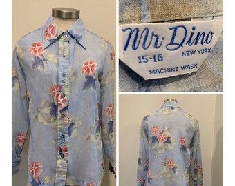 Vintage 1970's Blouse ~ Pretty, Sheer, See Through, Blue And Pink Floral, Pointed Collar, Cuffed Long Sleeves, Great Condition