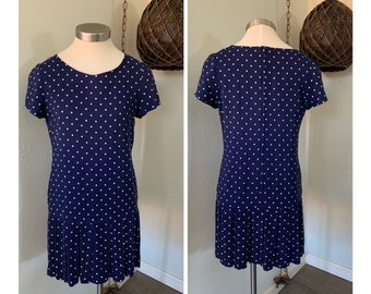 1970's Vintage Dress ~ Short Navy Blue And White Polka Dot, Drop Waist, Pleated Dress ~ Zips Up the Back ~ Great Quality And Condition