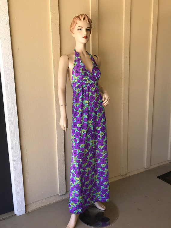 Vintage 1960's Halter Dress ~ Mod Purple And Turq… - image 2