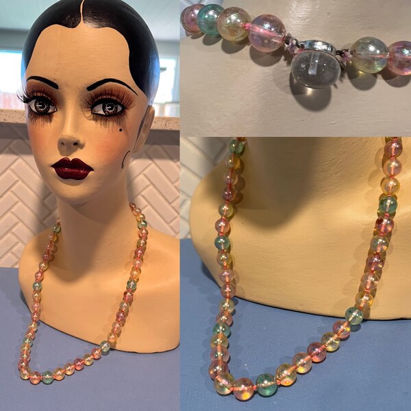 1950’s Vintage Necklace ~ Pink, Yellow And Green Glass Beads, One Strand ~ Very Good Quality And Condition