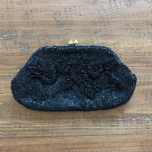 1950s Vintage Purse ~ Black Glass Beads And Sequins, Black Silk Lining, Evening Bag Clutch, Snap Closure, Great Quality & Condition