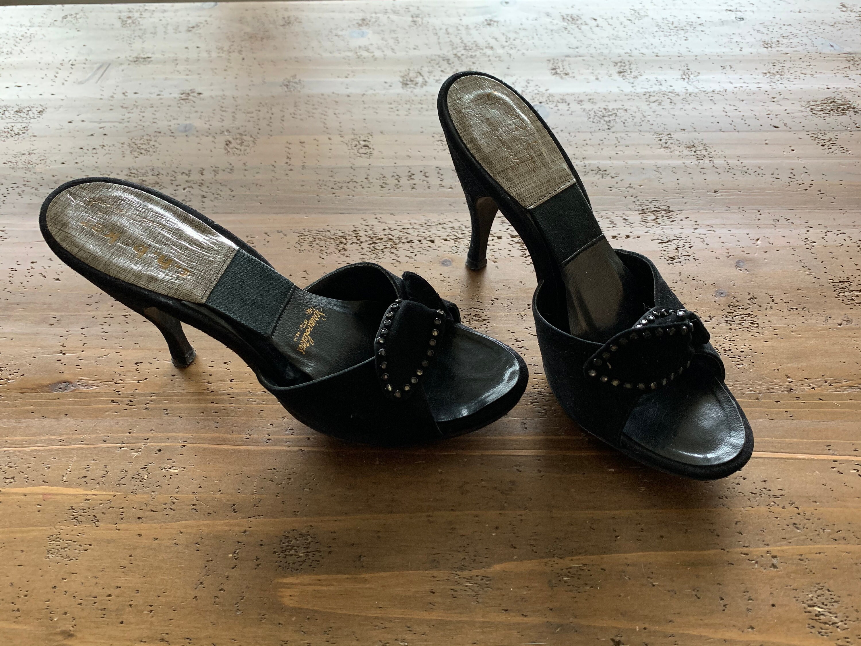 1950's Vintage High Heels Beautiful Slip On Black Suede | Etsy