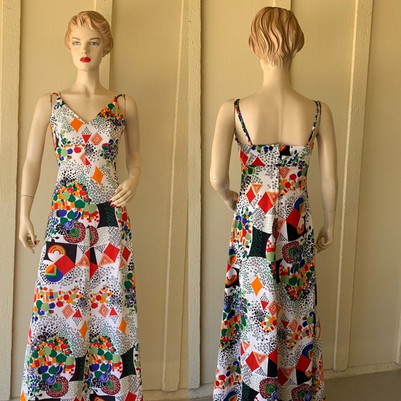 Vintage 1970's Maxi Dress ~ Sleeveless, Red, Blue,