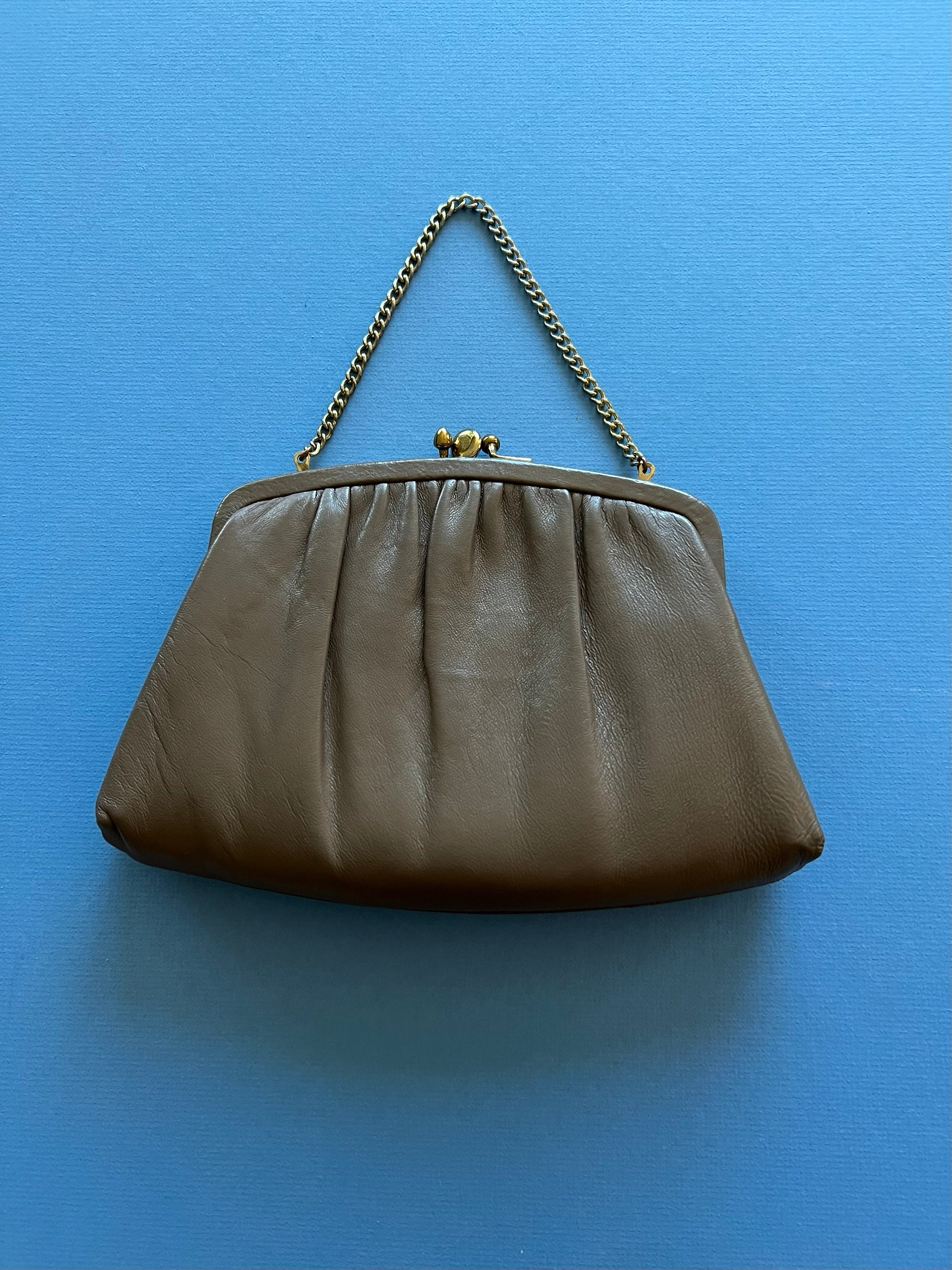 Ora Delphine Taupe Brown Leather Beach Ball Pouch Wristlet Clutch