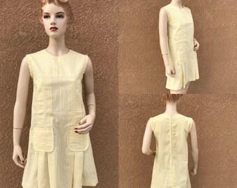 1960's Vintage Yellow Dress,  Yellow And White Stripe, Short Mini Dress, Sleeveless, Textured Cotton Dress ~  Great Condition ~ Size Large