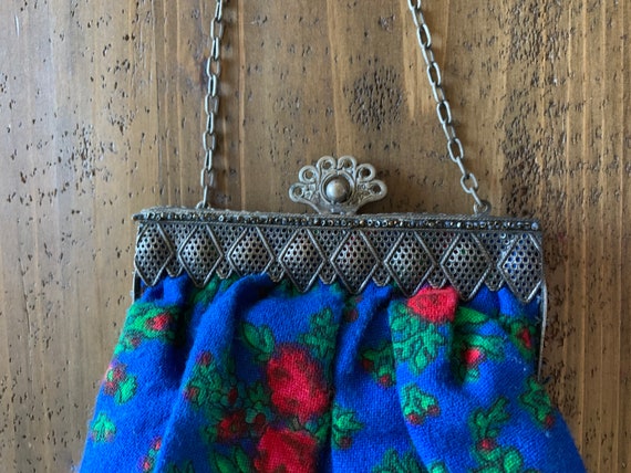 Vintage 1970's Handbag ~ Royal Blue With Red Rose… - image 3