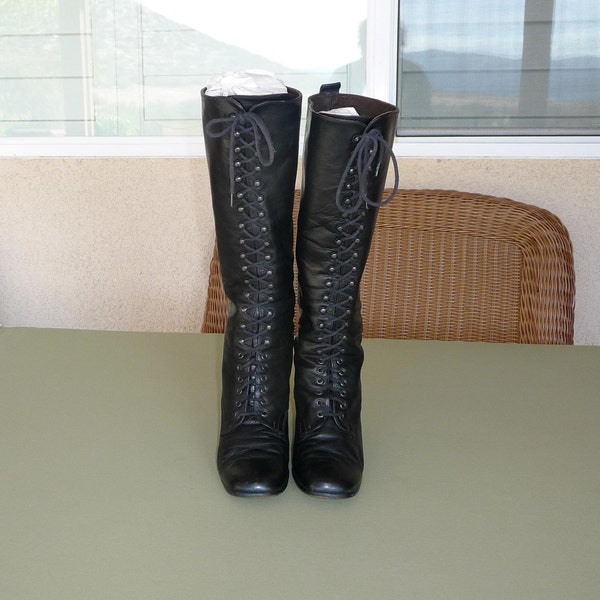 Early 1970's Vintage Woman's Hippie, Rocker, or Riding Black Leather Tall Lace Up Boots,  Made in Spain, Size 37 Europe, Size 6 1/2  USA
